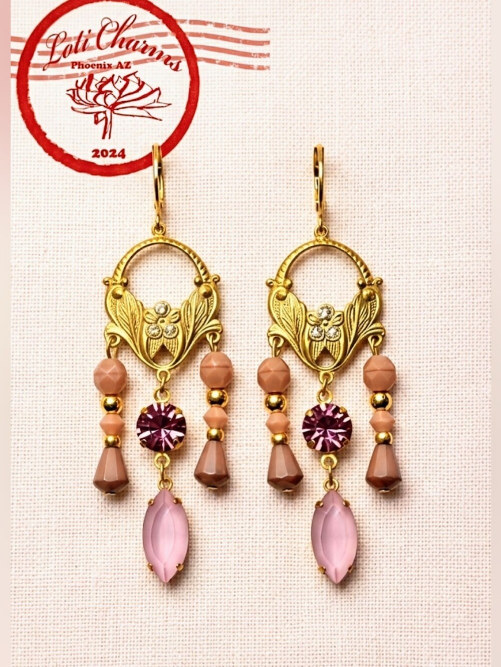 Victorian Chandelier Pink Swarovski Crystals In Gold Plated Ornate Earrings